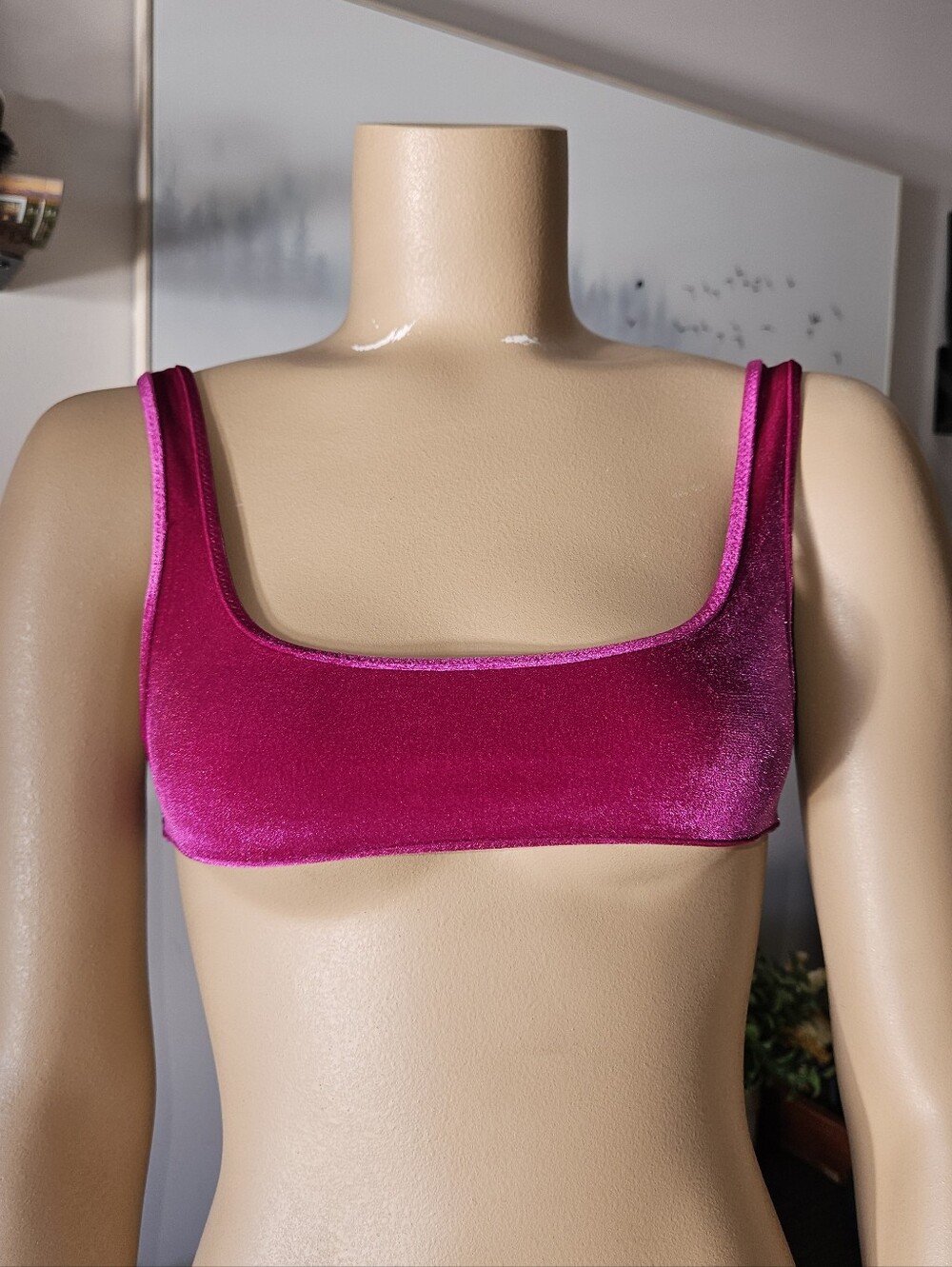 Triangl swimwear Velvet Scoop Neck Cropped Bikini Top Rhay Fuchsia Magenta XS